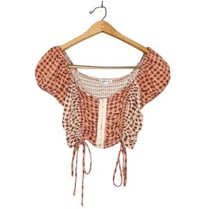 Rabbit Rose Plaid Cropped Corset Style Top Cinched Tie Detail Short Puff Sleeves